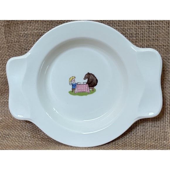 Vintage Goldilocks And Bear Ceramic Childs Plate Deep Dish w Handles Whimsical - Picture 1 of 3